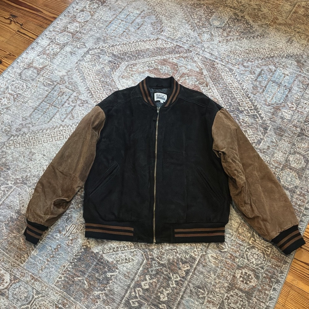 Vintage Men's 90s Bomber Jacket Leather Suede Colorblock L Retro Rockabilly EUC